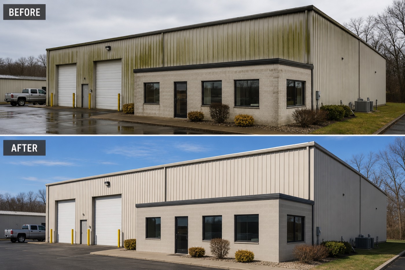 A commercial metal building before and after exterior soft washing: green algae and dark streaking running down the siding on top, clean restored siding below
