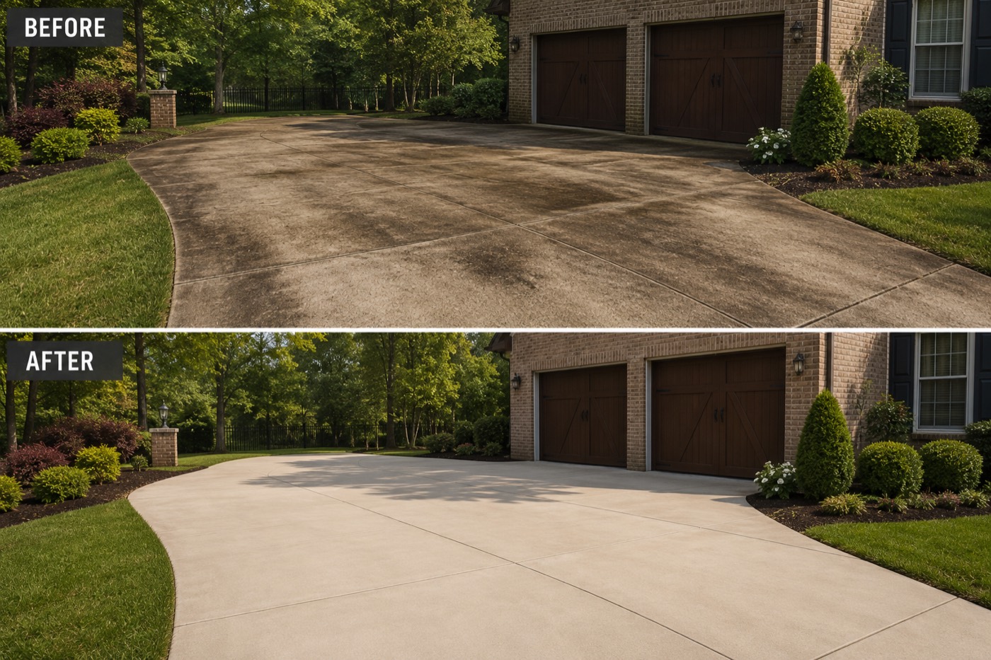 A residential concrete driveway before and after whiskey fungus removal: dark gray-black staining across the concrete on top, clean restored concrete below after soft washing