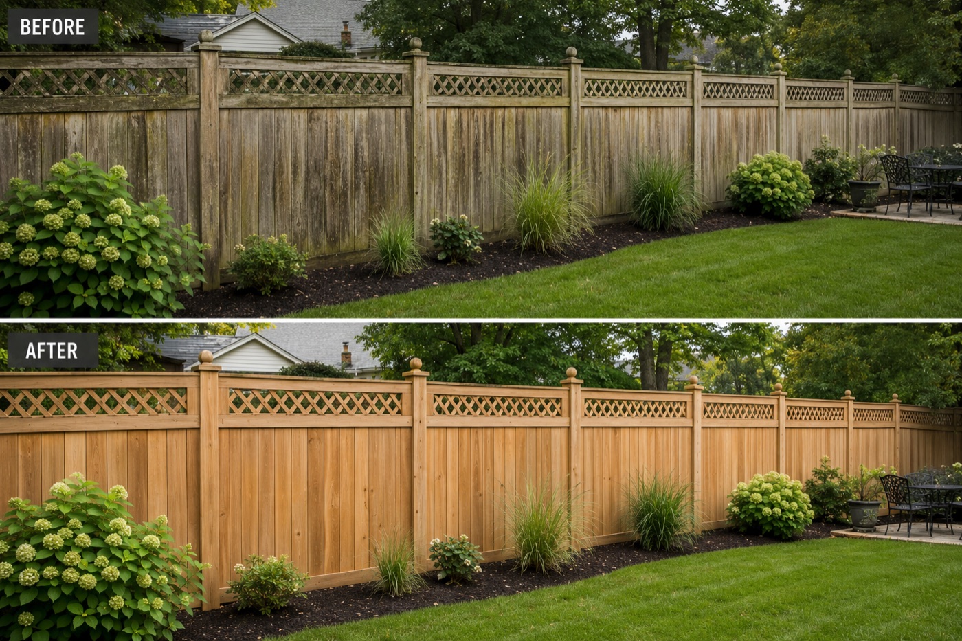 A wood fence before and after whiskey fungus removal: weathered gray boards on top, clean restored wood below