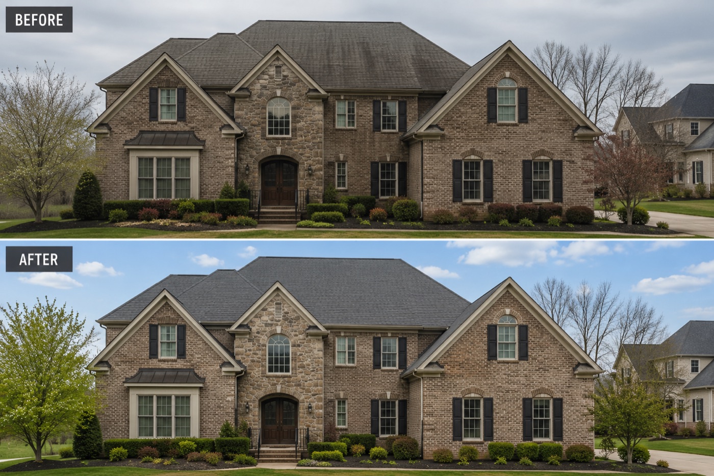 A full brick and stone home before and after whiskey fungus removal: dull streaked roof and muted exterior on top, clean roof and brightened exterior below