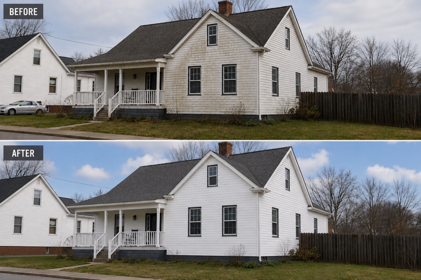 A Bardstown home before and after whiskey fungus removal: black-streaked siding on top, clean white siding below after soft washing