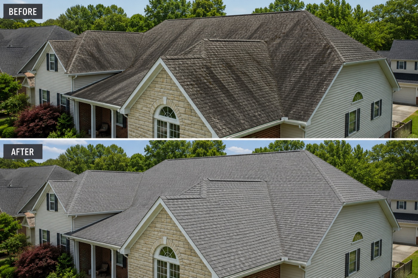 A roof before and after whiskey fungus removal: dark algae-streaked shingles on top, clean shingles below after a soft wash